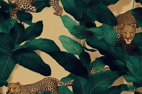 Fototapeta Seamless Tropical Pattern With Exotic Trees, Leopards, And Palm Leaves. Abstract Jungle Pattern With Leopards, Digita