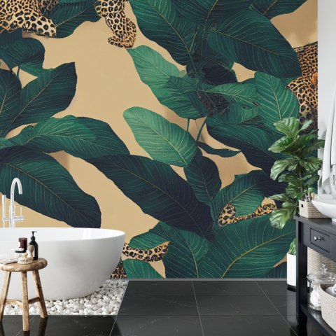Fototapeta Seamless Tropical Pattern With Exotic Trees, Leopards, And Palm Leaves. Abstract Jungle Pattern With Leopards, Digita