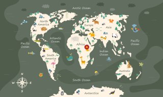 Fototapeta The World Map With Cartoon Animals For Kids, Nature, Discovery And Continent Name, Ocean Name. Children's Map De