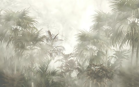 Fototapeta Tropical Trees And Leaves In Foggy Forest Wallpaper Design - 3D