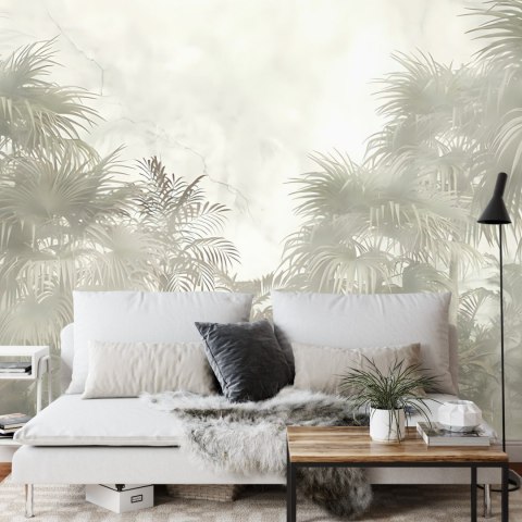 Fototapeta Tropical Trees And Leaves In Foggy Forest Wallpaper Design - 3D