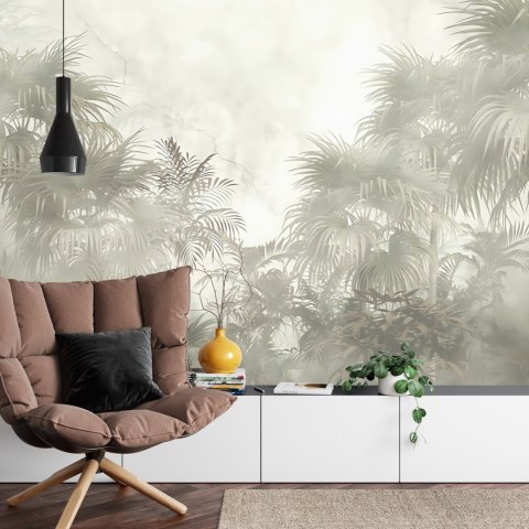 Fototapeta Tropical Trees And Leaves In Foggy Forest Wallpaper Design - 3D