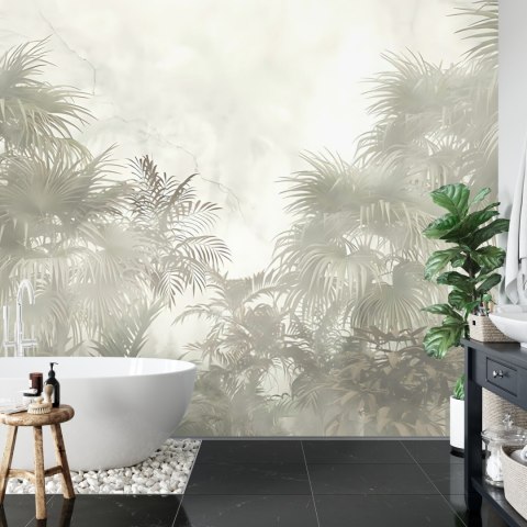 Fototapeta Tropical Trees And Leaves In Foggy Forest Wallpaper Design - 3D