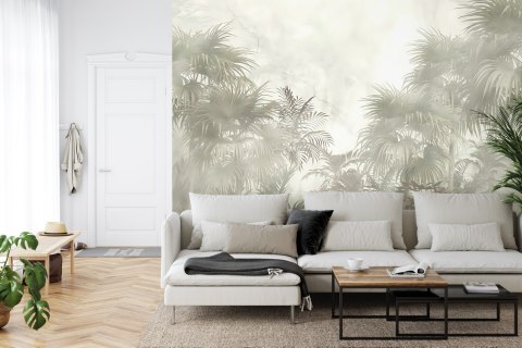 Fototapeta Tropical Trees And Leaves In Foggy Forest Wallpaper Design - 3D
