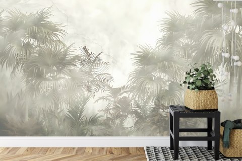 Fototapeta Tropical Trees And Leaves In Foggy Forest Wallpaper Design - 3D