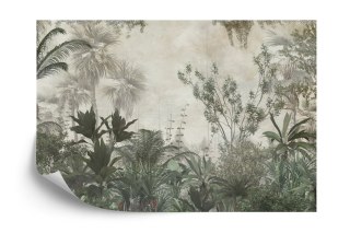 Fototapeta Tropical Trees And Leaves Wallpaper Design In Foggy Forest - 3D