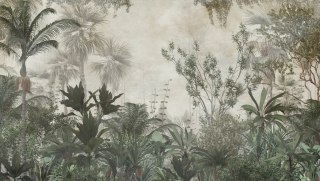 Fototapeta Tropical Trees And Leaves Wallpaper Design In Foggy Forest - 3D