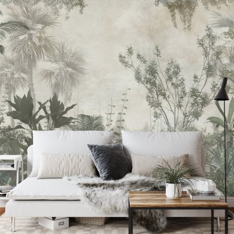 Fototapeta Tropical Trees And Leaves Wallpaper Design In Foggy Forest - 3D