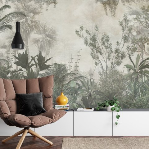 Fototapeta Tropical Trees And Leaves Wallpaper Design In Foggy Forest - 3D