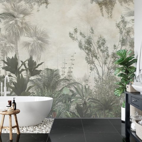 Fototapeta Tropical Trees And Leaves Wallpaper Design In Foggy Forest - 3D