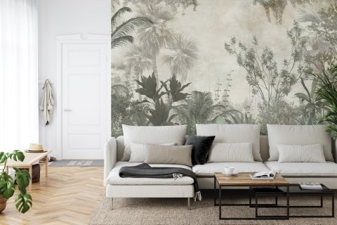 Fototapeta Tropical Trees And Leaves Wallpaper Design In Foggy Forest - 3D
