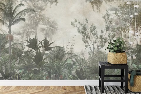 Fototapeta Tropical Trees And Leaves Wallpaper Design In Foggy Forest - 3D