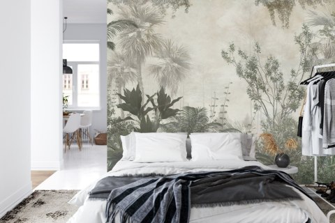 Fototapeta Tropical Trees And Leaves Wallpaper Design In Foggy Forest - 3D