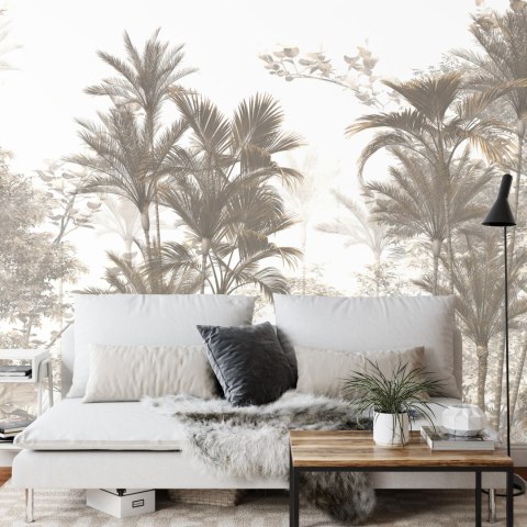Fototapeta Tropical Trees And Leaves Wallpaper Design In Foggy Forest - 3D