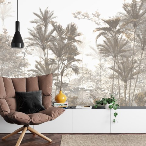 Fototapeta Tropical Trees And Leaves Wallpaper Design In Foggy Forest - 3D