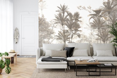 Fototapeta Tropical Trees And Leaves Wallpaper Design In Foggy Forest - 3D