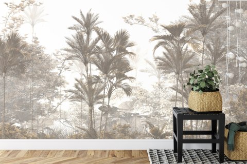 Fototapeta Tropical Trees And Leaves Wallpaper Design In Foggy Forest - 3D