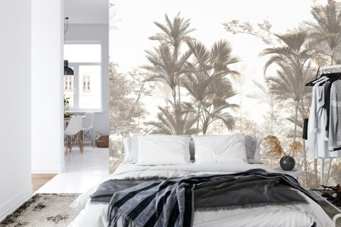 Fototapeta Tropical Trees And Leaves Wallpaper Design In Foggy Forest - 3D