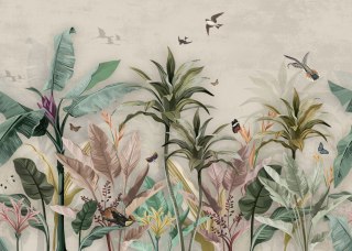 Fototapeta Wallpaper Palm Tropical Forest Vintage Jungle Pattern With Birds