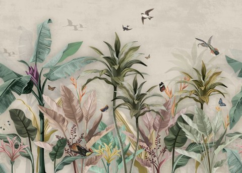 Fototapeta Wallpaper Palm Tropical Forest Vintage Jungle Pattern With Birds