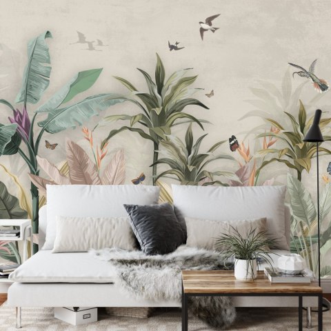 Fototapeta Wallpaper Palm Tropical Forest Vintage Jungle Pattern With Birds