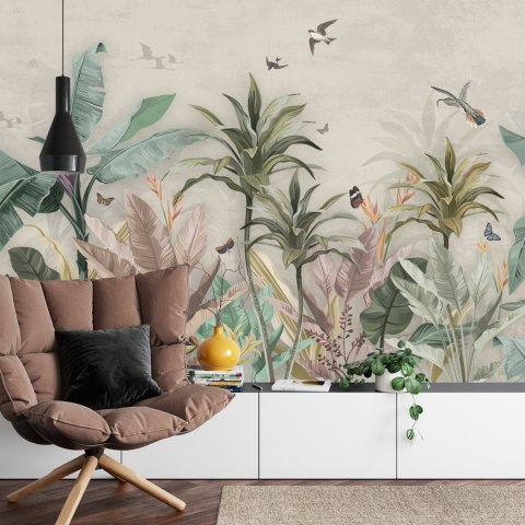 Fototapeta Wallpaper Palm Tropical Forest Vintage Jungle Pattern With Birds