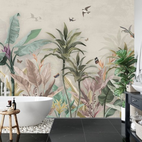 Fototapeta Wallpaper Palm Tropical Forest Vintage Jungle Pattern With Birds