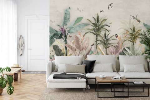 Fototapeta Wallpaper Palm Tropical Forest Vintage Jungle Pattern With Birds