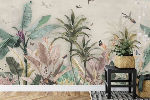 Fototapeta Wallpaper Palm Tropical Forest Vintage Jungle Pattern With Birds