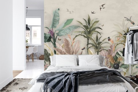 Fototapeta Wallpaper Palm Tropical Forest Vintage Jungle Pattern With Birds