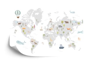 Fototapeta World Map With Cute Animals In Cartoon Style. Map For Nursery, Kids Room With Nature, Animals, Transports. Skandi