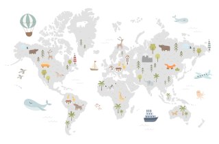 Fototapeta World Map With Cute Animals In Cartoon Style. Map For Nursery, Kids Room With Nature, Animals, Transports. Skandi