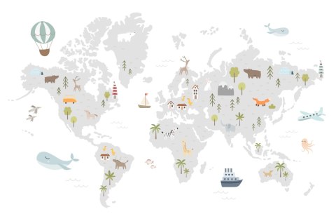 Fototapeta World Map With Cute Animals In Cartoon Style. Map For Nursery, Kids Room With Nature, Animals, Transports. Skandi