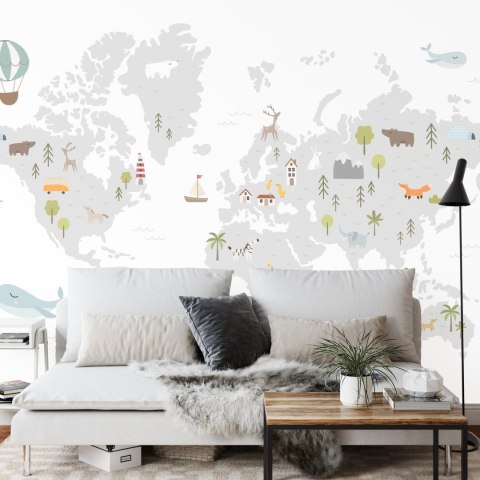 Fototapeta World Map With Cute Animals In Cartoon Style. Map For Nursery, Kids Room With Nature, Animals, Transports. Skandi