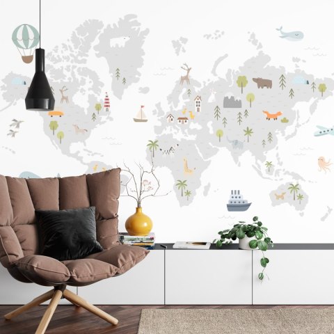 Fototapeta World Map With Cute Animals In Cartoon Style. Map For Nursery, Kids Room With Nature, Animals, Transports. Skandi