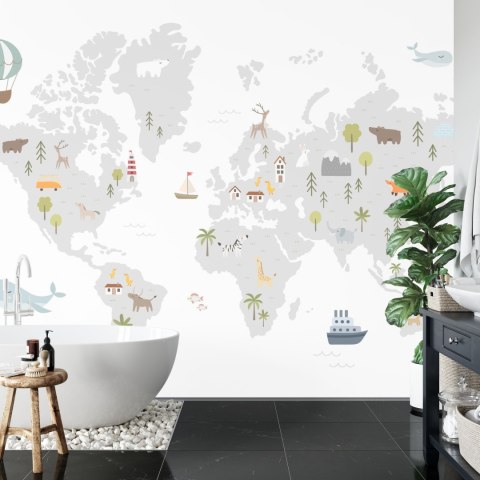 Fototapeta World Map With Cute Animals In Cartoon Style. Map For Nursery, Kids Room With Nature, Animals, Transports. Skandi