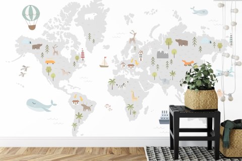 Fototapeta World Map With Cute Animals In Cartoon Style. Map For Nursery, Kids Room With Nature, Animals, Transports. Skandi