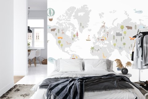 Fototapeta World Map With Cute Animals In Cartoon Style. Map For Nursery, Kids Room With Nature, Animals, Transports. Skandi