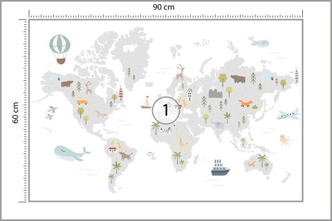 Fototapeta World Map With Cute Animals In Cartoon Style. Map For Nursery, Kids Room With Nature, Animals, Transports. Skandi