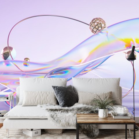 Fototapeta Abstract 3D Render. Glass Ribbon On Water With Geometric Circle And Spheres. Holographic Shape In Motion. Iridescent 
