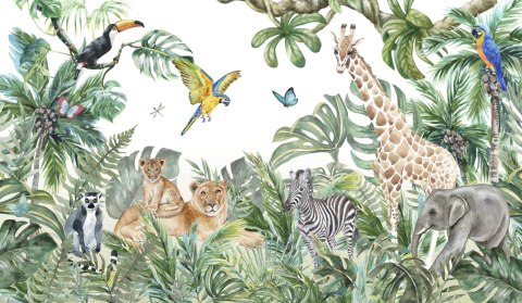 Fototapeta Children's Wallpaper, Watercolor Jungle And Animals. Lions, Giraffe, Elephant, Parrots, Zebra, Lemur