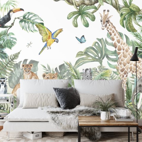 Fototapeta Children's Wallpaper, Watercolor Jungle And Animals. Lions, Giraffe, Elephant, Parrots, Zebra, Lemur