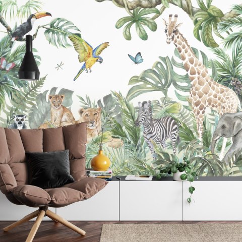 Fototapeta Children's Wallpaper, Watercolor Jungle And Animals. Lions, Giraffe, Elephant, Parrots, Zebra, Lemur