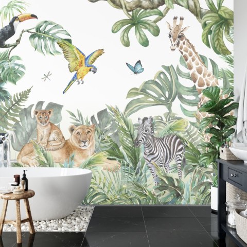 Fototapeta Children's Wallpaper, Watercolor Jungle And Animals. Lions, Giraffe, Elephant, Parrots, Zebra, Lemur