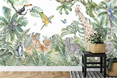 Fototapeta Children's Wallpaper, Watercolor Jungle And Animals. Lions, Giraffe, Elephant, Parrots, Zebra, Lemur