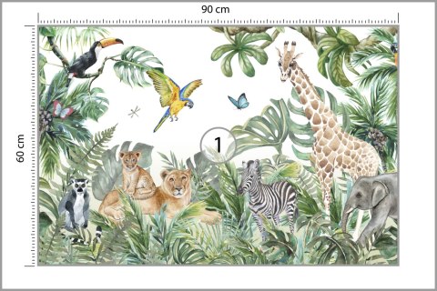 Fototapeta Children's Wallpaper, Watercolor Jungle And Animals. Lions, Giraffe, Elephant, Parrots, Zebra, Lemur